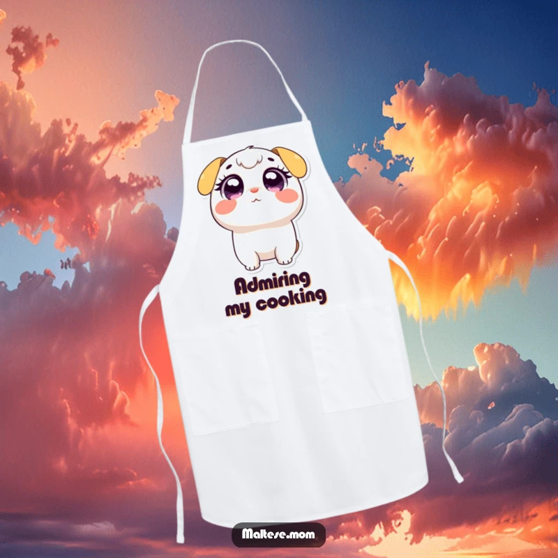 Funny apron showing a small character with large, wide, adoring eyes looking up, bringing an element of cute charm to the kitchen.