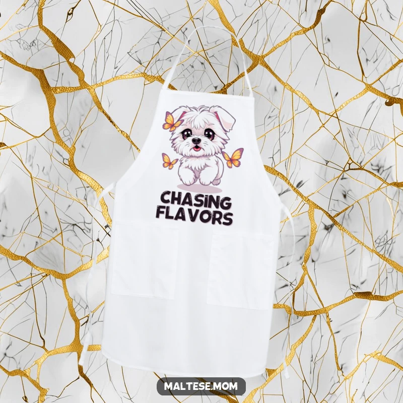 Funny Kawaii Maltese dog with sparkling eyes, chasing a butterfly, a humorous and practical kitchen apron.