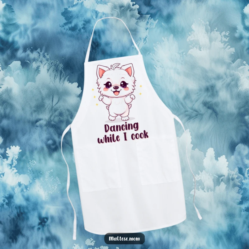 Funny Maltese puppy dancing with sparkly eyes and a wide grin, on a practical apron for joyous kitchen activities.