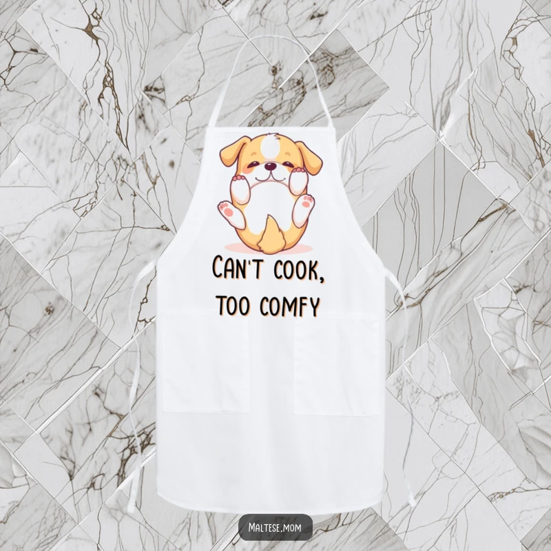 Funny Apron: A small dog rolls on its back with paws up, adding a humorous and playful touch to kitchen activities.