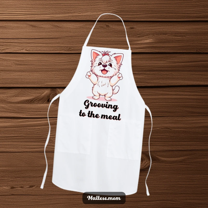 Funny Maltese Dog Apron: A happy Maltese dog dances with paws in the air, ready to add fun to any kitchen activity.