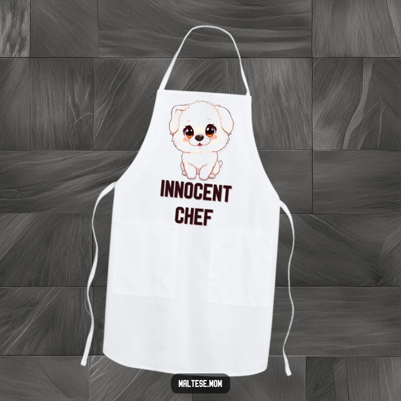 Funny apron showing a fluffy white dog with large, innocent eyes, tilting its head, adding charm to cooking.