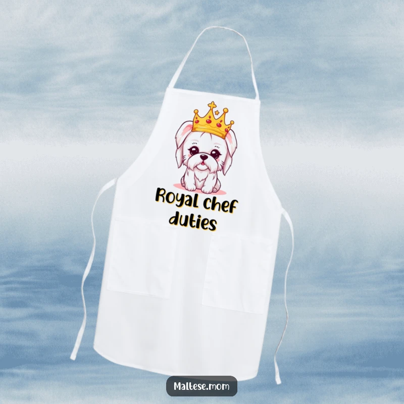 Funny apron with a kawaii Maltese dog wearing a crown, looking regal and amused, adding a touch of royal humor to cooking.