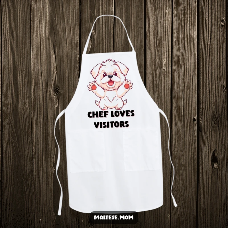 Funny Kawaii Maltese dog apron, illustration of a cute white dog with paws outstretched in a warm, friendly welcome, perfect for cooks.