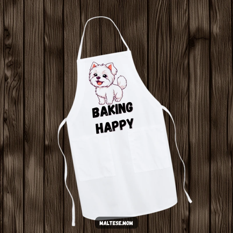 Funny Kawaii Maltese dog with a joyful expression and wagging tail, a humorous and practical kitchen apron.