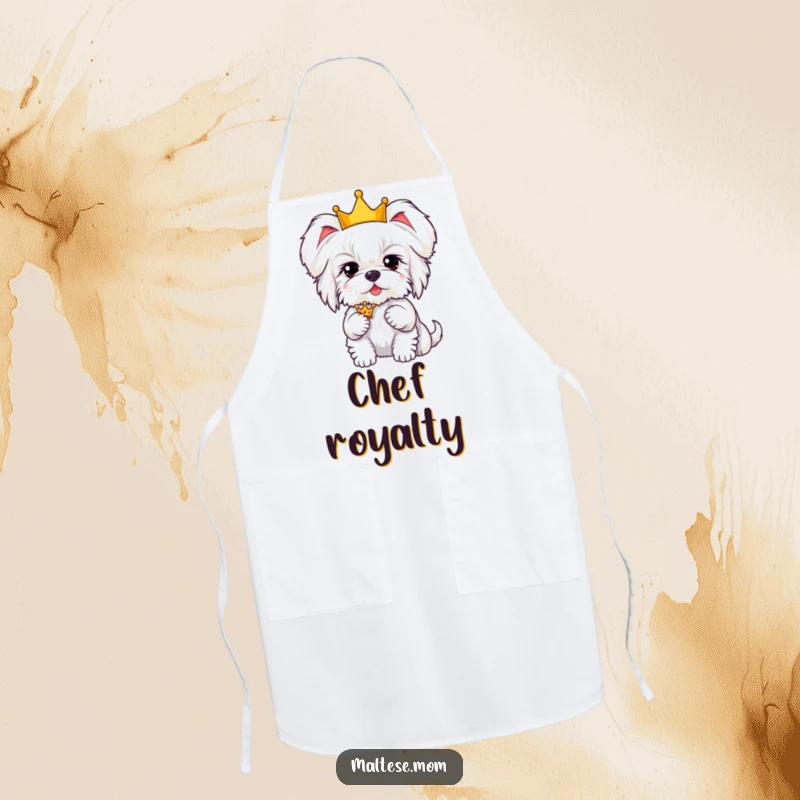 Funny Kawaii Maltese dog with fluffy ears, wearing a tiny crown, a humorous and practical kitchen apron.