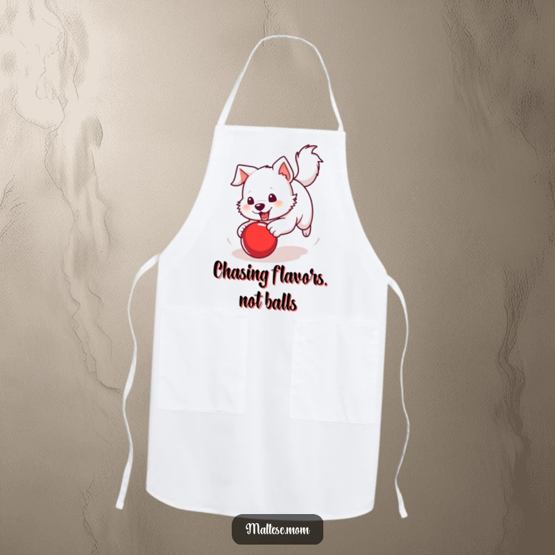 Funny Apron showcasing a white dog with a perky tail chasing a bright red ball, making kitchen tasks more fun.