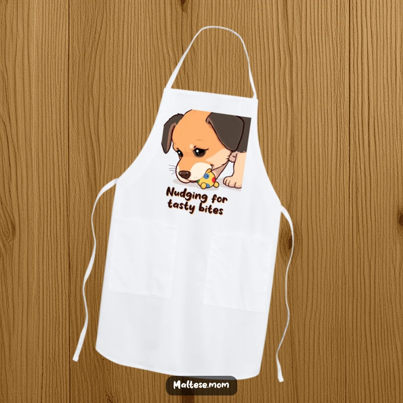 Funny Apron showcasing a dog nudging a small, colorful toy with its wet nose, making kitchen tasks more fun.
