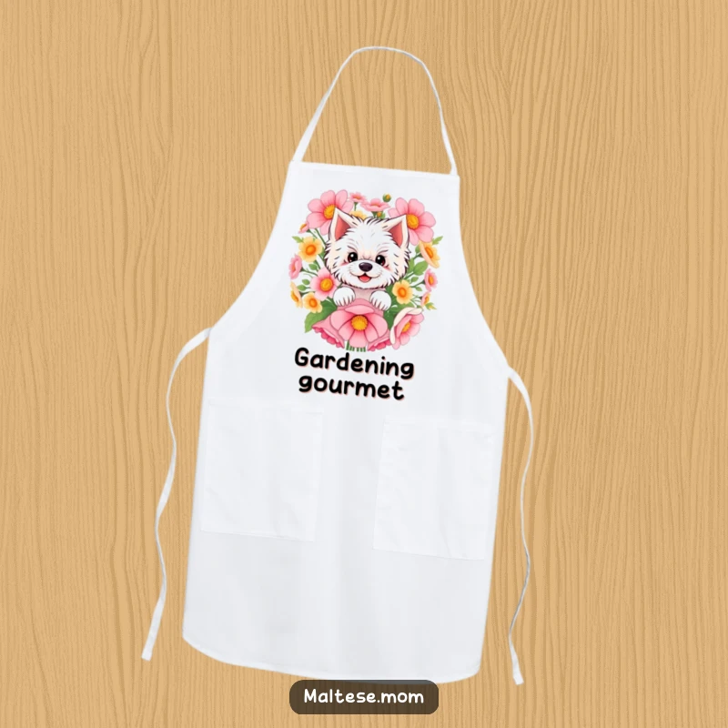 Funny Maltese apron with a smiling Maltese peeking out from behind a bouquet of flowers, bringing a touch of cheerful garden whimsy.