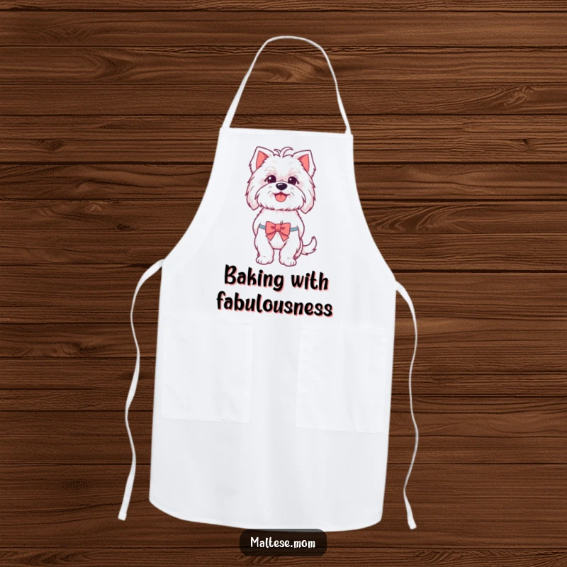 Funny Maltese apron depicting a happy, panting Maltese dog wearing a small bow, ready to assist in the kitchen with a smile.