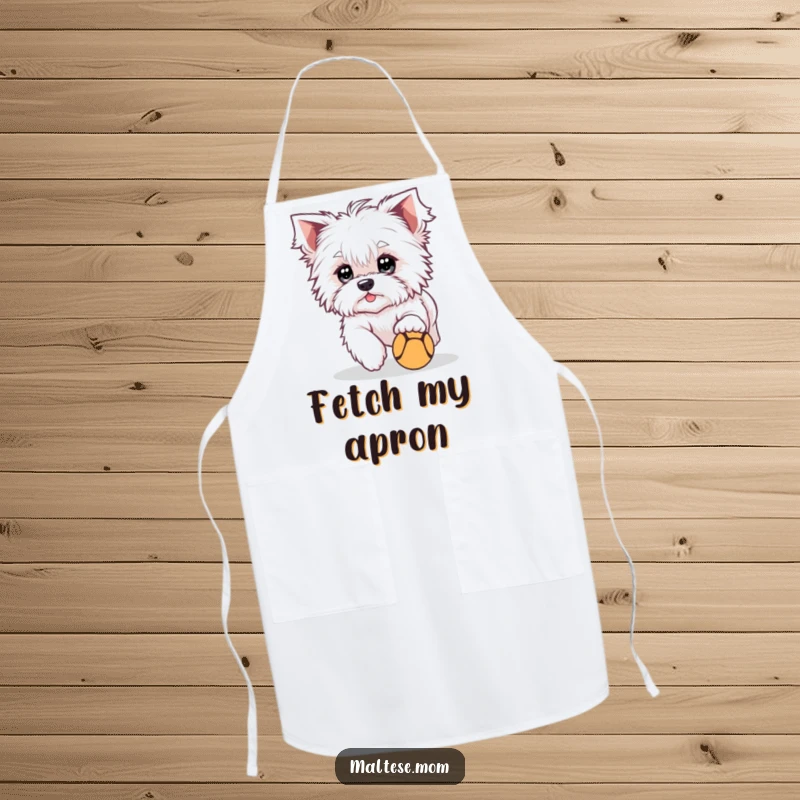 Funny Apron showing a cute Maltese dog with bright eyes, playfully chasing a ball, perfect for adding playtime cheer.