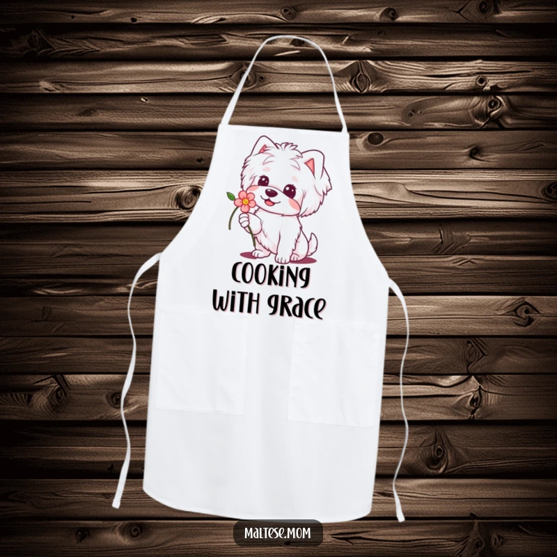 Funny Maltese Dog Apron: Kitchen wear with a dog offering a flower with a sweet smile, making cooking a humorous and delightful activity.