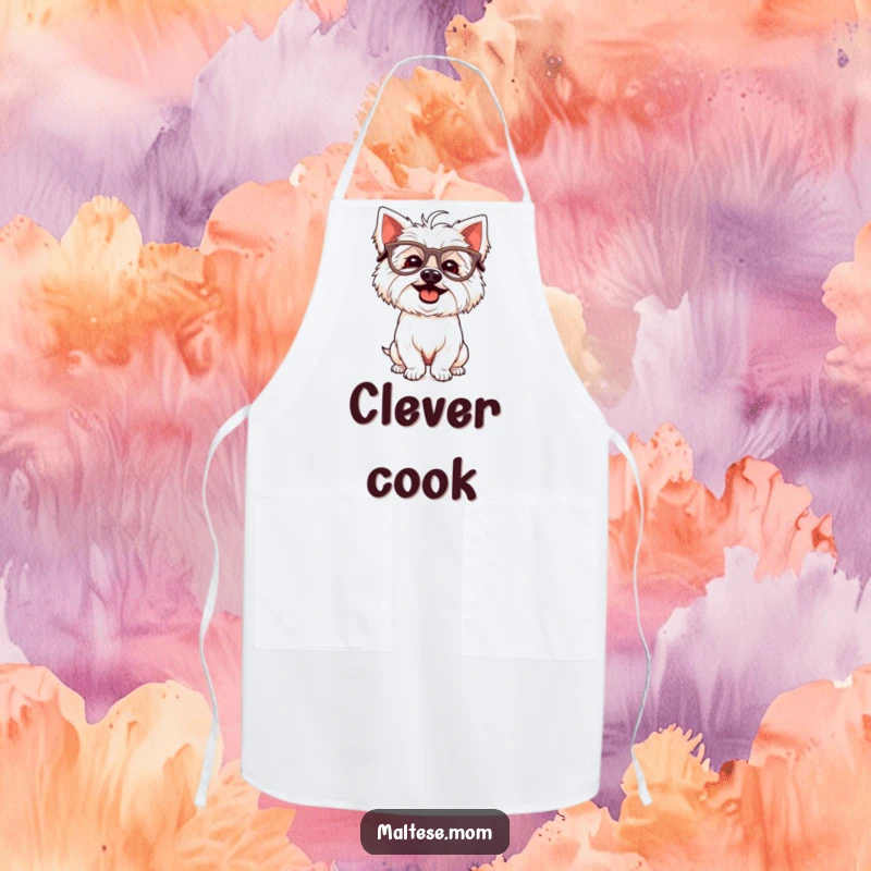 Funny Maltese dog apron with a giggling white dog wearing oversized glasses and striking a silly pose.