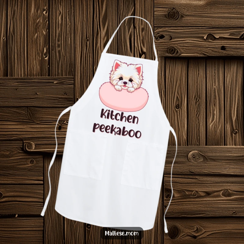 Funny Maltese Lady Apron: A Maltese dog peeking from a pink cushion, adding funny charm to kitchen tasks.