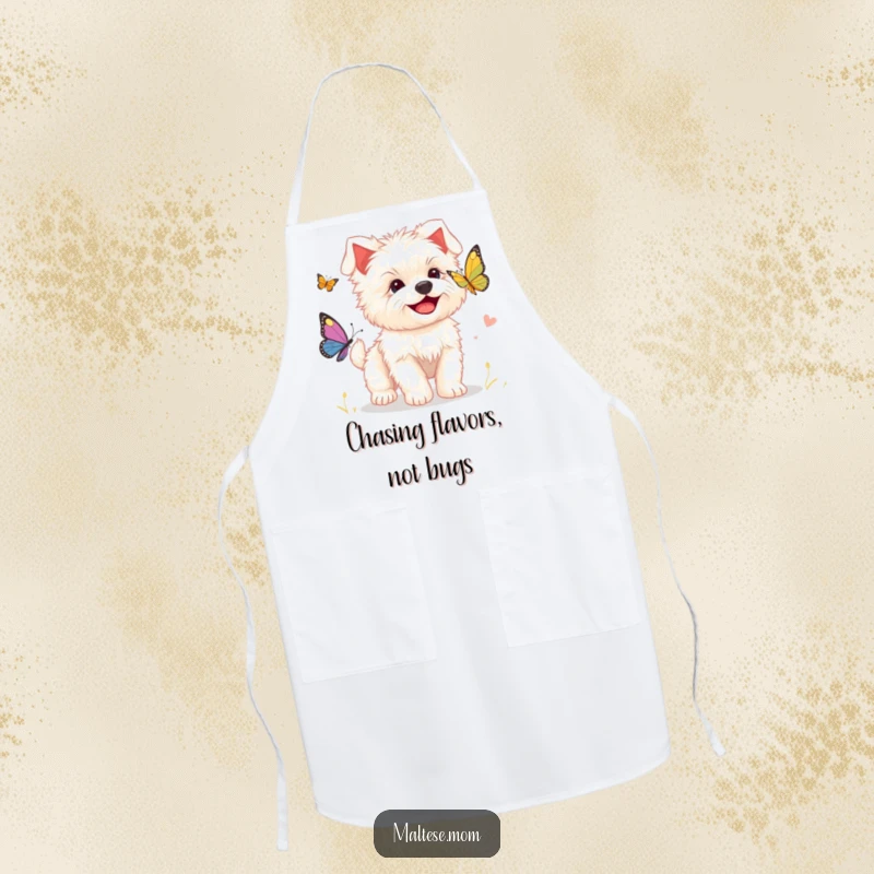 Funny apron featuring a happy Maltese puppy chasing a butterfly, adding playful humor to cooking and baking activities.