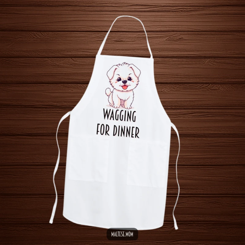 Funny apron featuring a fluffy Maltese puppy joyfully wagging its tail, adding playful cheer to kitchen activities.