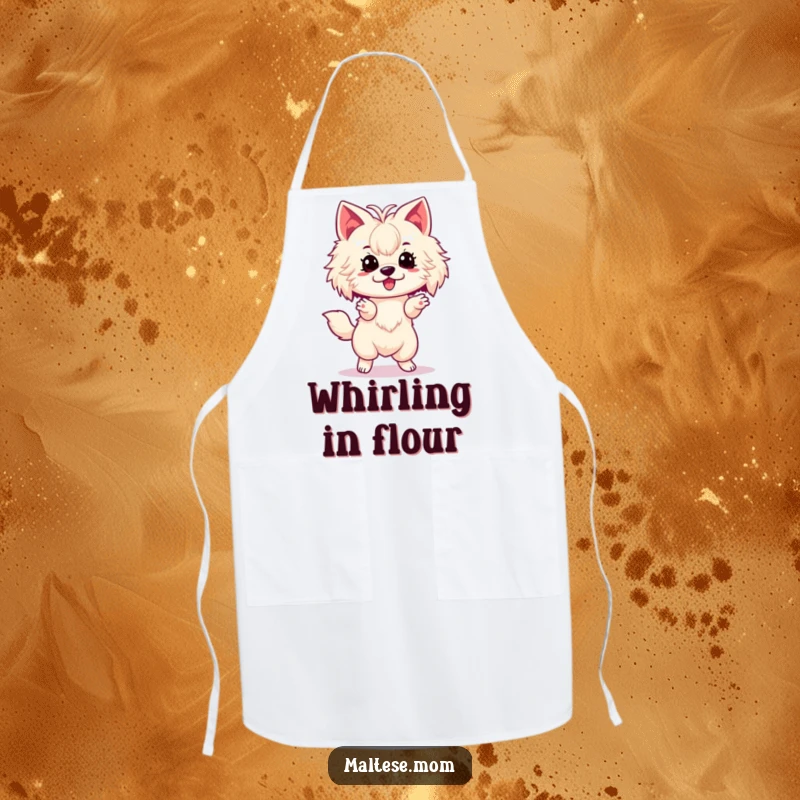 Funny Maltese Apron showing a lady dog in an excited spin, ready to help in the kitchen with a humorous flair.