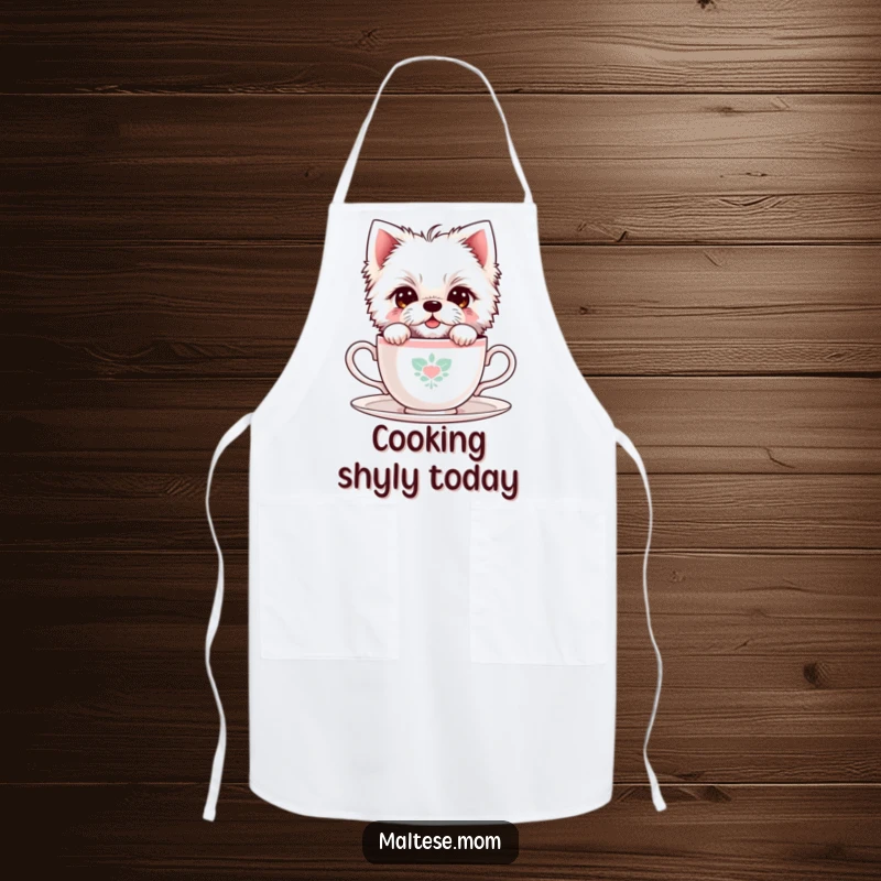 Funny Maltese Dog Apron: A shy Maltese dog peeks from behind a teacup, perfect for adding sweet charm to kitchen tasks.