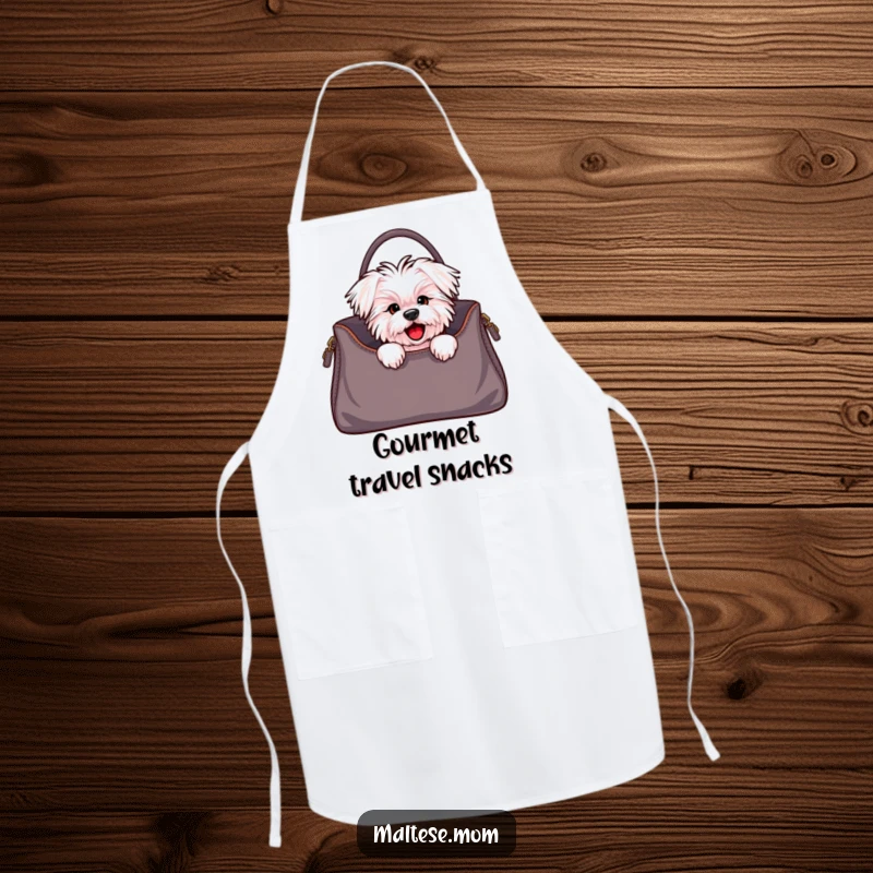 Funny Maltese dog apron featuring a cute character peeking from a stylish handbag, perfect for adding humor and protection in the kitchen.