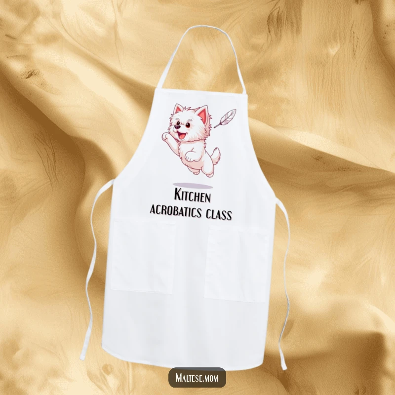 Funny Maltese puppy in an energetic leap, aiming for a feather, on a practical apron for humorous kitchen use.