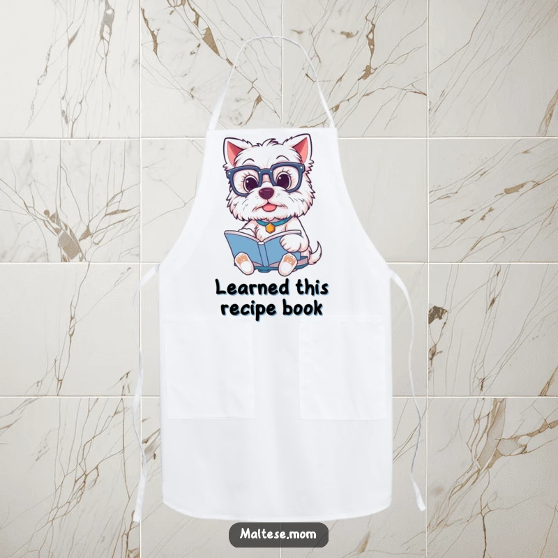 Funny Maltese Dog Apron: A dog wearing glasses reads a book while standing in a kitchen, ready for culinary adventures.