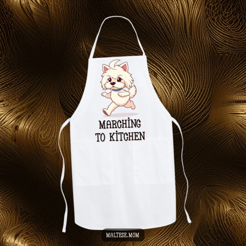 Funny Maltese lady dog apron, prancing with energy, ideal for kitchen adventures.