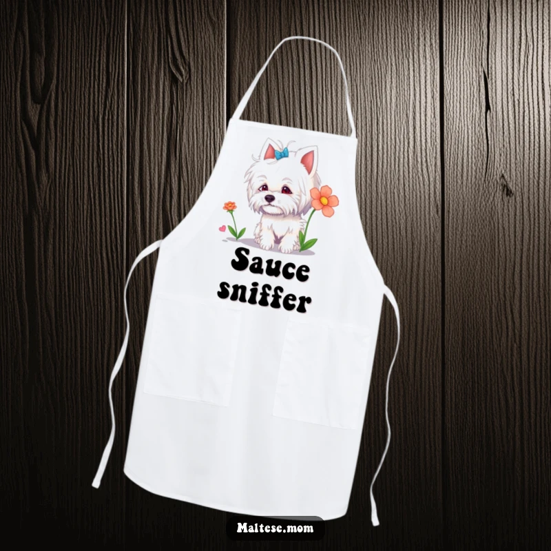 Funny Maltese Lady Apron: A cute Maltese dog curiously sniffing a flower, adding funny charm to kitchen tasks.