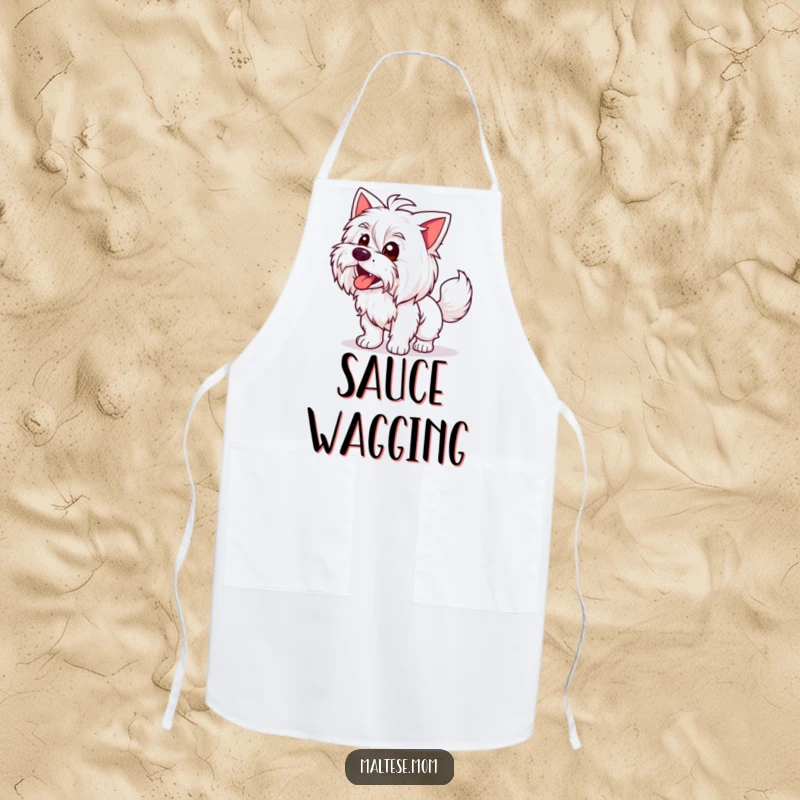 Funny Maltese Lady Apron: A happy Maltese dog with tail wagging, bringing funny energy to kitchen activities.