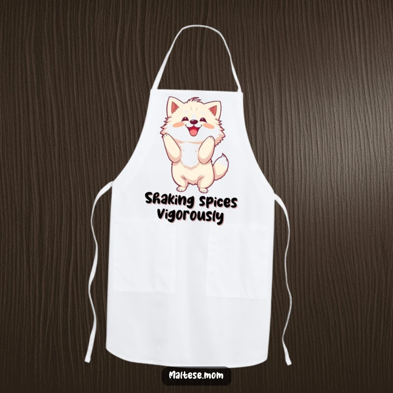 Funny Apron showcasing a fluffy dog energetically shaking its head with a joyful motion, making kitchen tasks more fun.