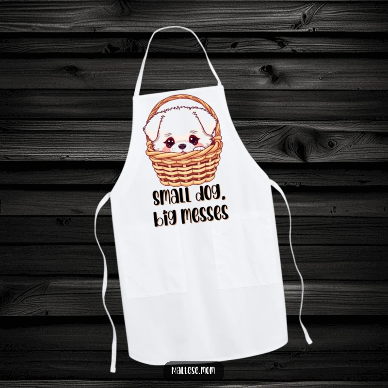 Funny white fluffy dog peeking from a small basket, illustrated on a practical kitchen apron, a great funny gift.