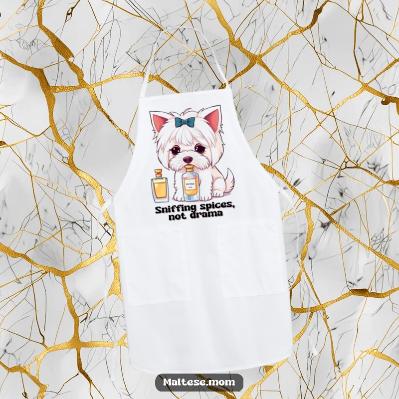 Funny apron featuring a Maltese dog character delicately sniffing a perfume bottle, perfect for stylish cooking.