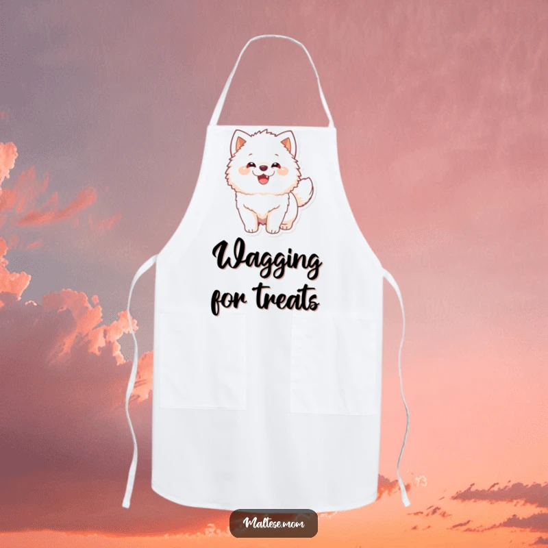 Funny Apron showing a fluffy white dog's happy tail wag, making kitchen tasks more enjoyable and humorous.