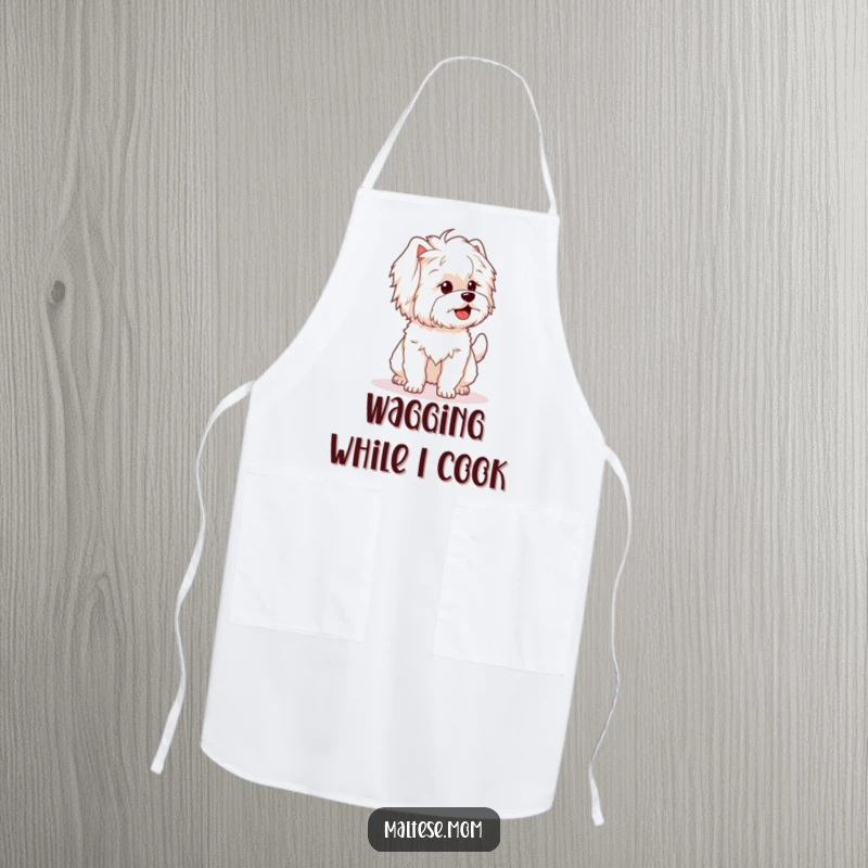 Funny apron featuring a Maltese dog character with a fluffy tail wagging enthusiastically, perfect for kitchen fun.