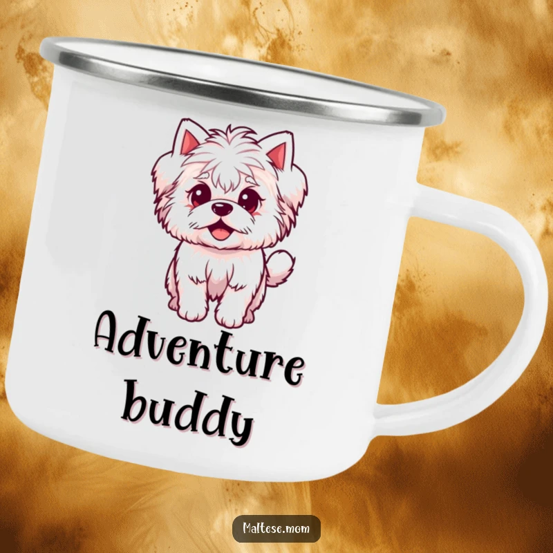 Funny Camping Mug featuring a small, fluffy Maltese dog character with an excited wagging tail, perfect for outdoor dog lovers.