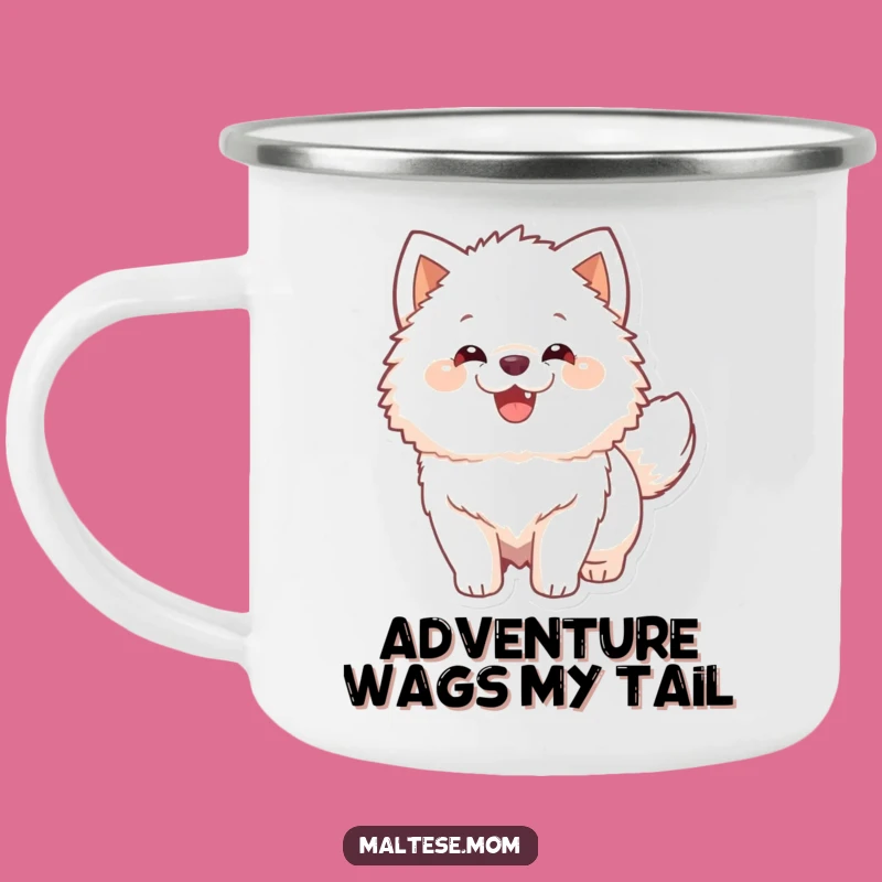 Funny Enamel Mug: Happy White Dog Tail Wags, Outdoor Humor, Hilarious Camp Gift