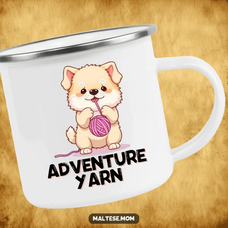 Funny, durable camping mug featuring a fluffy dog character gleefully batting at a yarn ball, ready for outdoor fun.