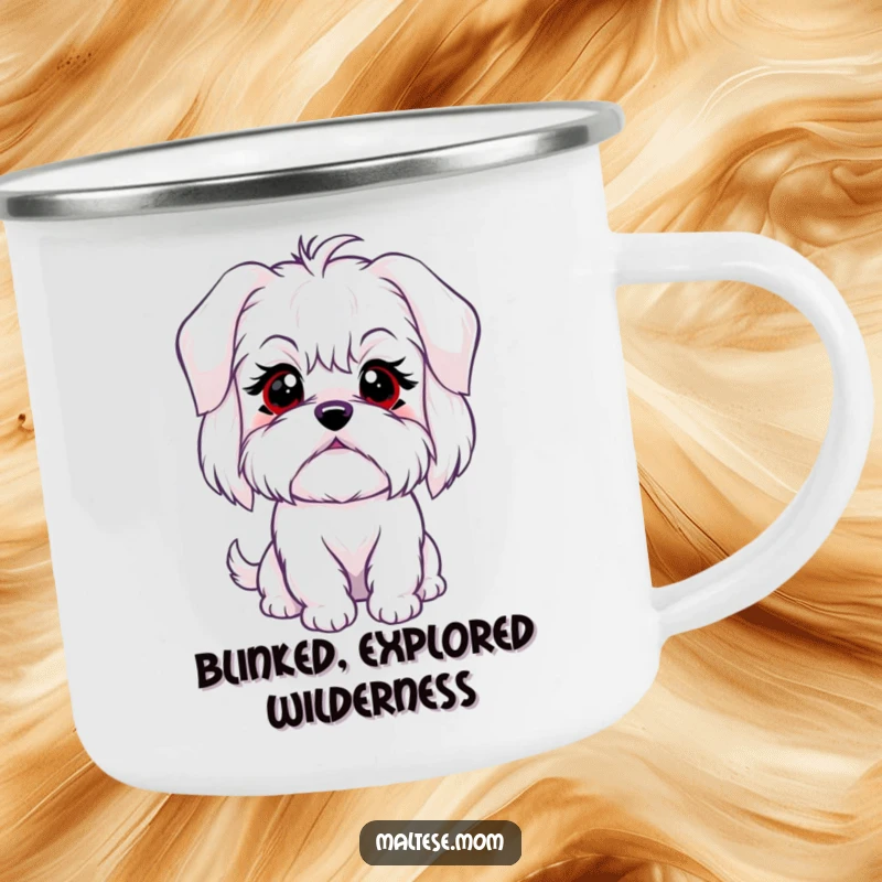 Funny camping mug with a Maltese dog character's sweet, innocent blink, perfect for outdoor enthusiasts and dog lovers.