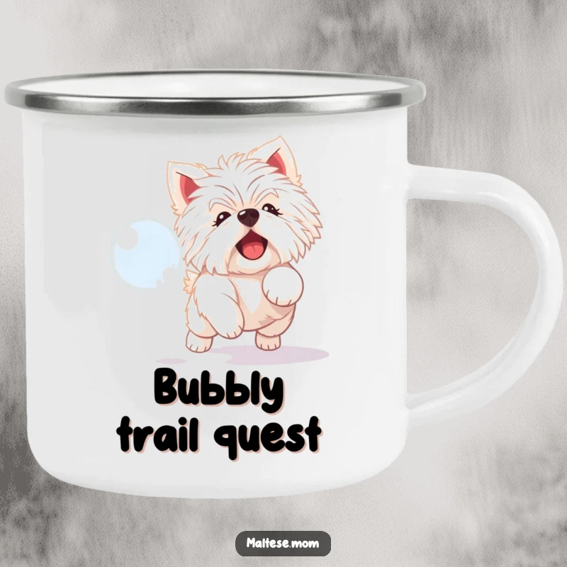 Funny Maltese dog camping mug with a playful white dog joyfully chasing a shimmering bubble outdoors.