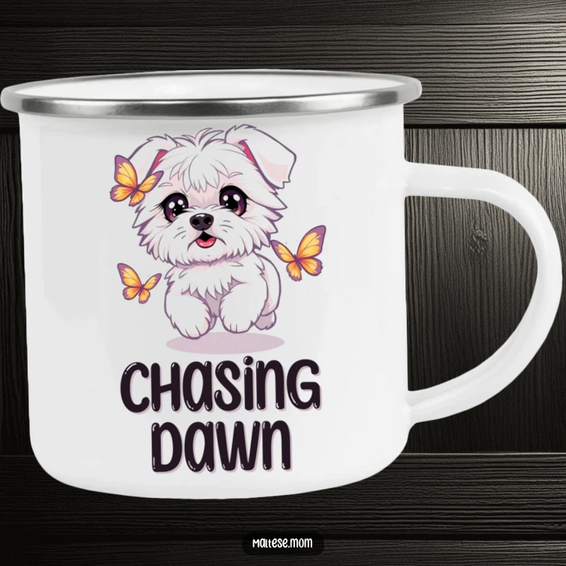 Funny Kawaii Maltese dog with sparkling eyes, chasing a butterfly, a durable and humorous camping mug.