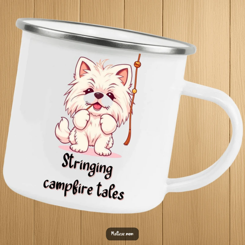 Funny Maltese lady dog camping mug, batting at a string, durable for outdoor fun.