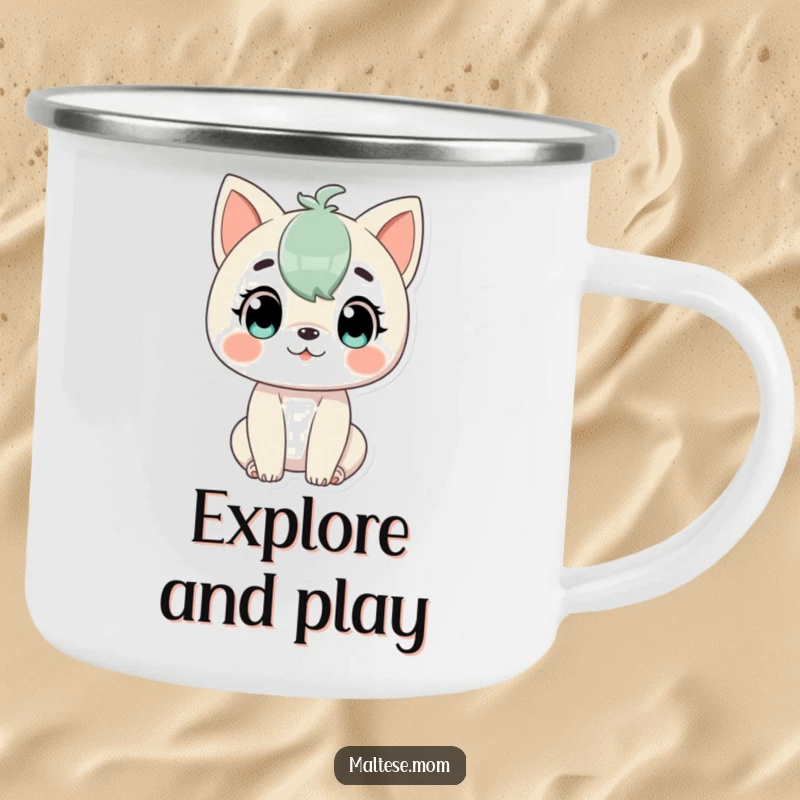 Funny Camping Mug depicting a character looking alert and ready for gentle play, ideal for enjoying beverages during outdoor fun.