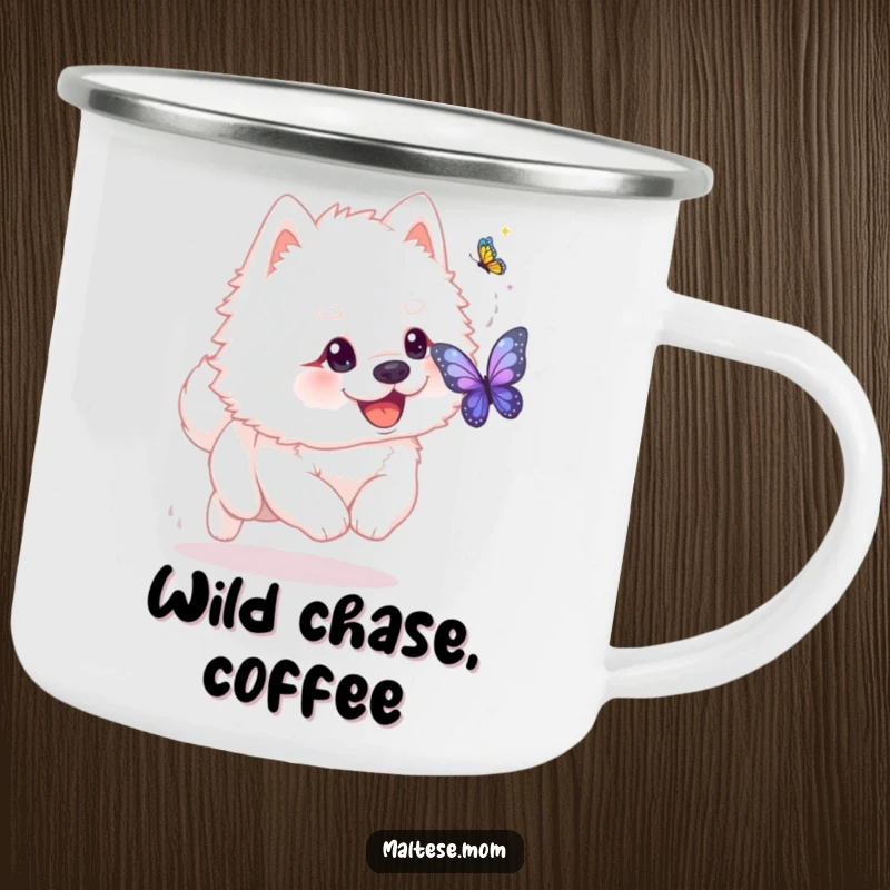 Funny fluffy white dog with playful glint chasing shimmering butterfly on camping mug. Playful outdoor drinkware, perfect funny gift.