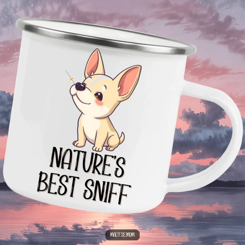 Funny Camping Mug: A dog sniffs the air with heightened senses, ready for outdoor exploration and discovery.