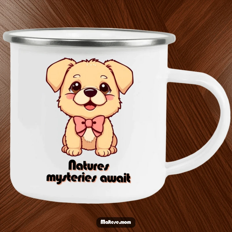 Funny Camping Mug featuring a small dog with a bow tilted head, radiating curiosity and playful charm for outdoor lovers.
