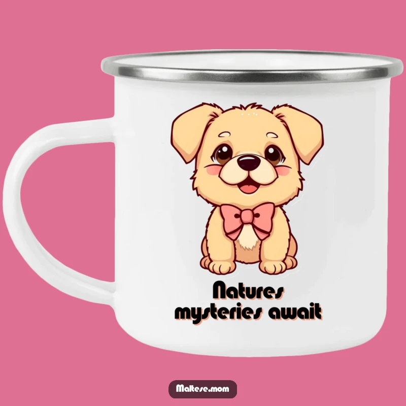 Funny Enamel Mug: Curious Bow Dog, Playful Outdoors, Quirky Camp Gift