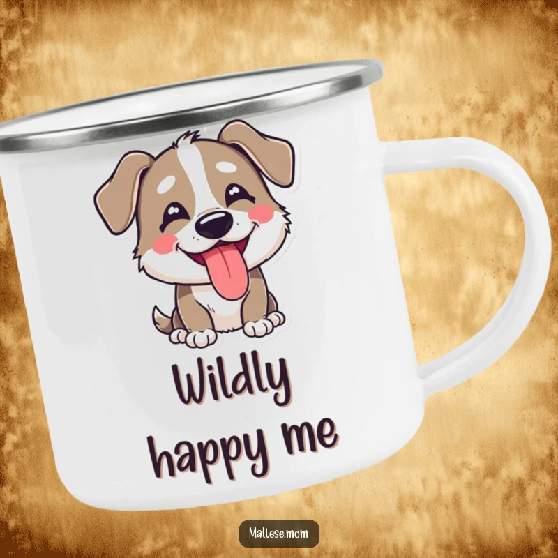 Funny, durable camping mug showcasing a goofy dog character with its tongue out, perfect for outdoor fun and smiles.