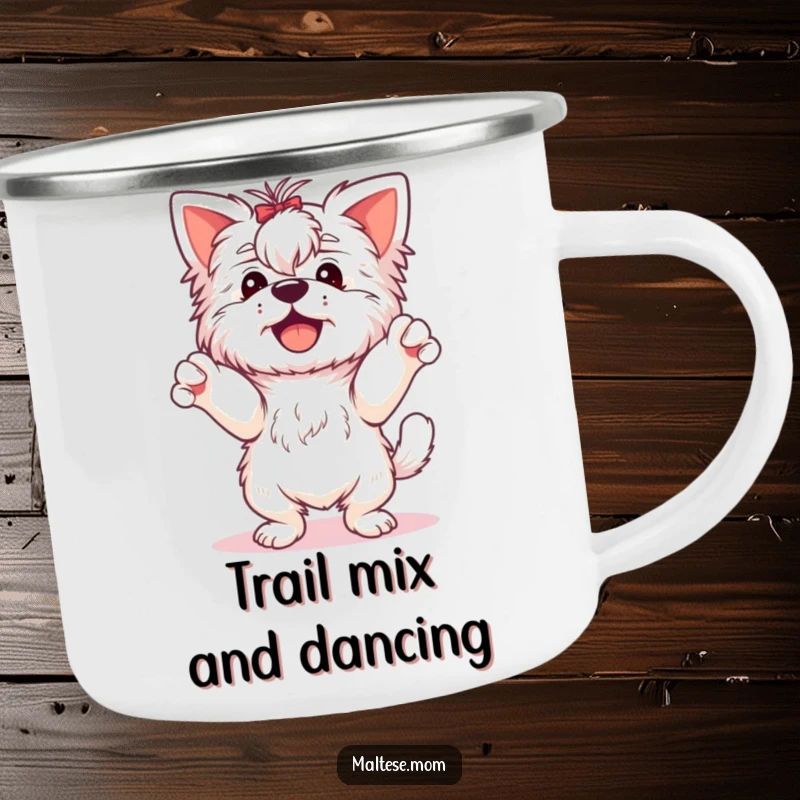 Funny Maltese Dog Camping Mug: A happy Maltese dog dances with paws in the air, perfect for outdoor adventures and good times.