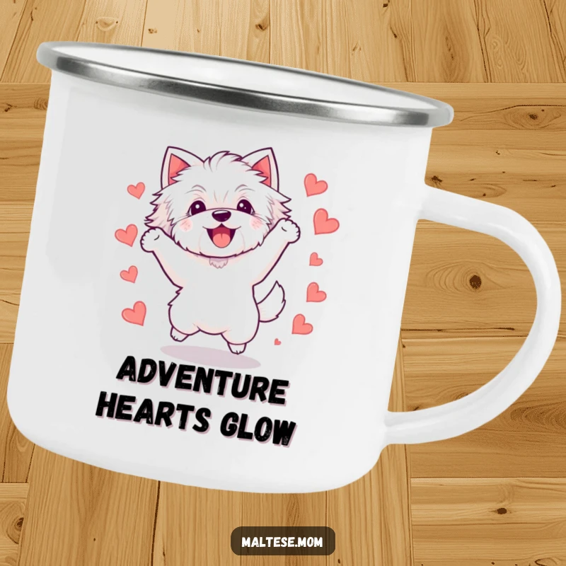 Funny Kawaii Maltese dog camping mug, illustration of a happy white dog leaping with joy, surrounded by small hearts, ready for adventure.