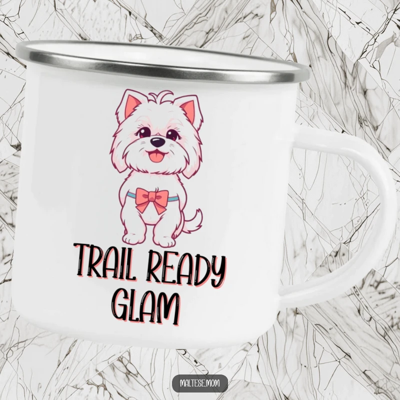 Funny Maltese camping mug showing a happy, panting Maltese dog wearing a tiny bow, perfect for sipping coffee by the campfire.