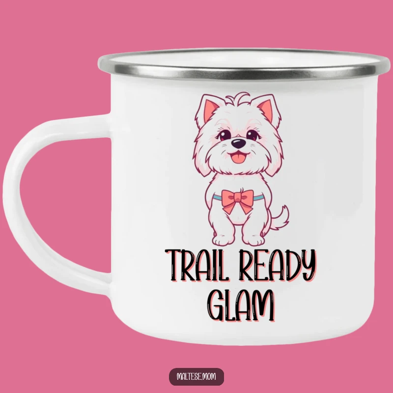 Funny Maltese Camping Mug: Adventure-Ready Happy Panting Pup with Tiny Bow, Outdoors Funny Gift